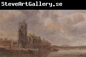 unknow artist A river landscape with flgures unloading boats before a church